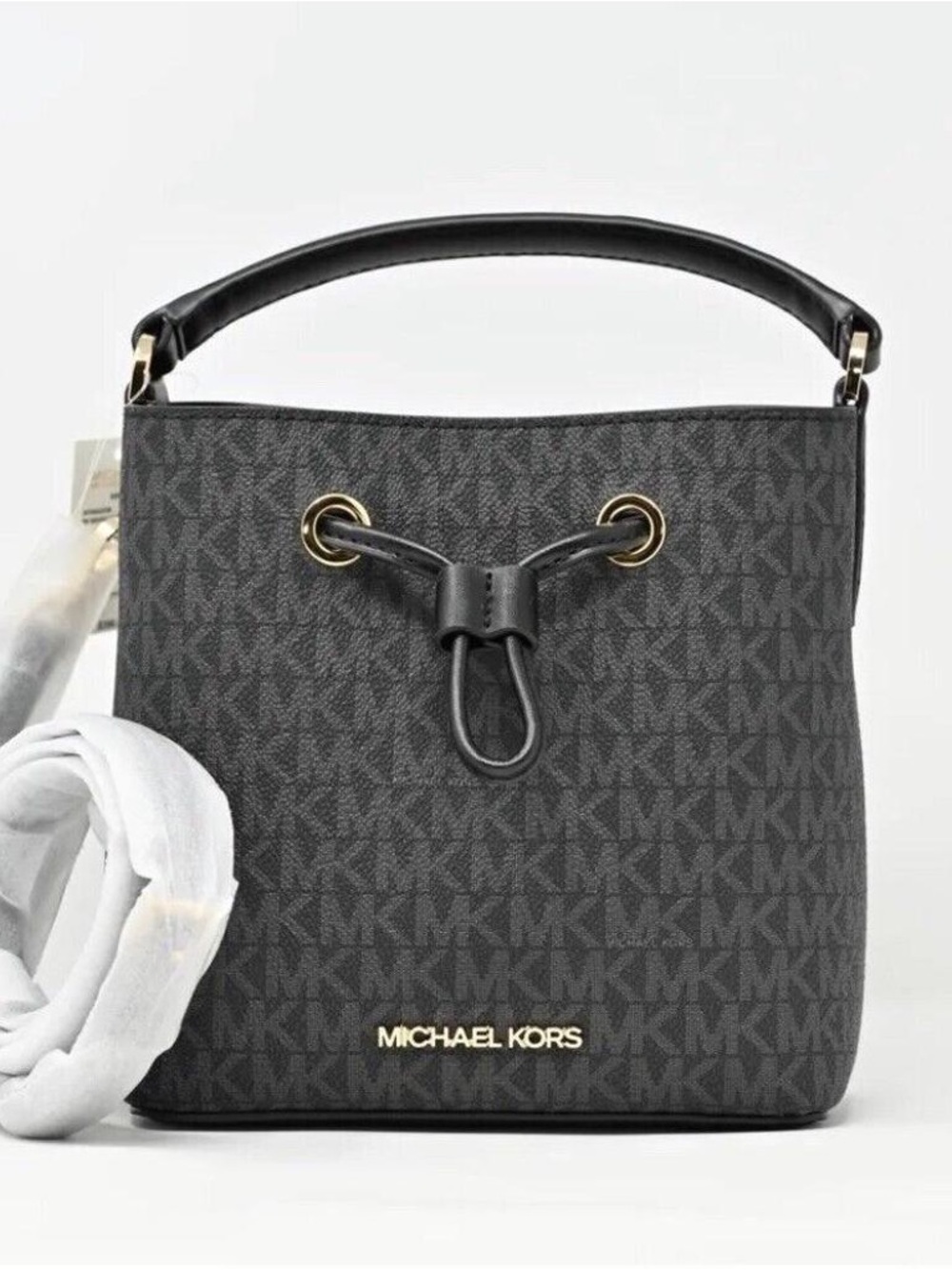 Michael Kors Gray MK Monogram Drawstring Bucket Bag - Picture 2 of 7
